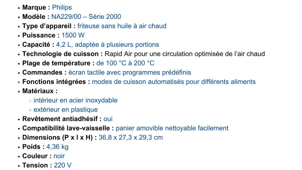 Caractéristiques principales du Philips Airfryer NA22900